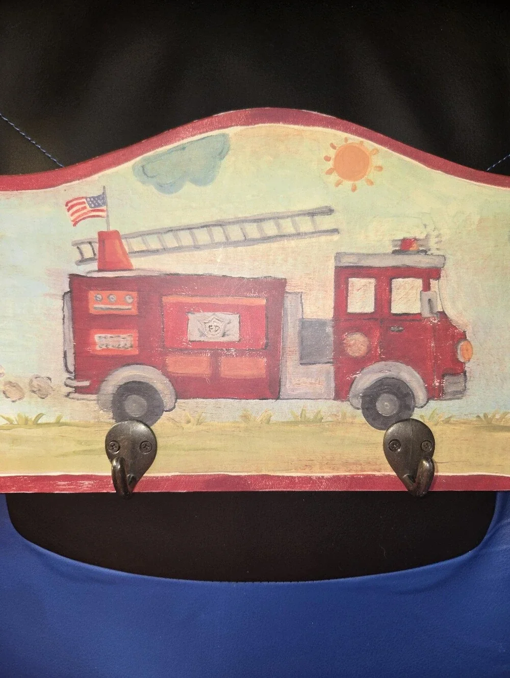 Vtg Children’s Wall Hanging Wood Coat Rack Hooks Fire Truck Theme